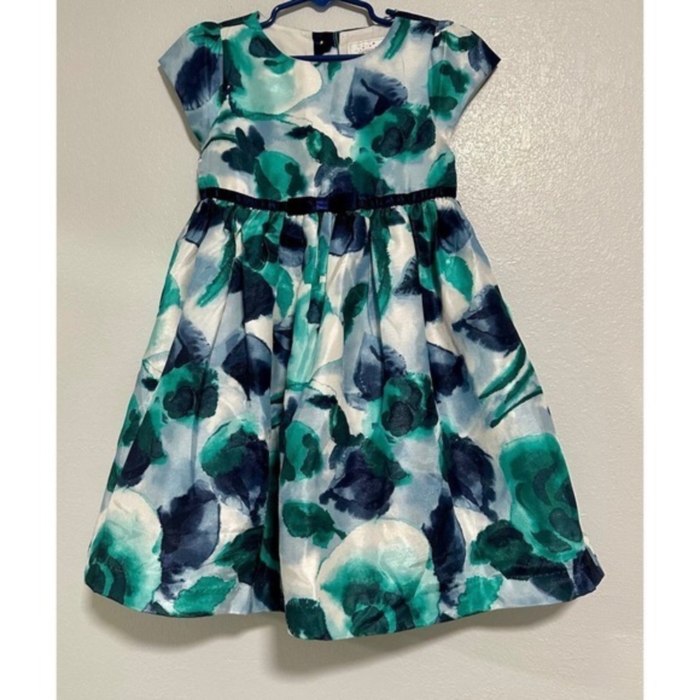 Gymboree Floral Party Dress Kids 5T Teal Navy Excellent Watercolor Satin‎ Bow